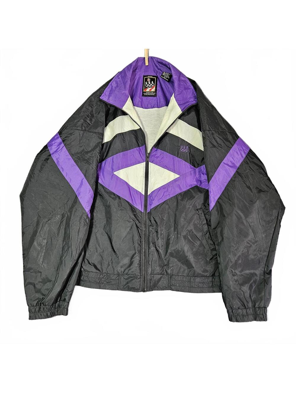 Vintage 1990s USA Olympic Regular M Black Purple Windbreaker Jacket Full Zip